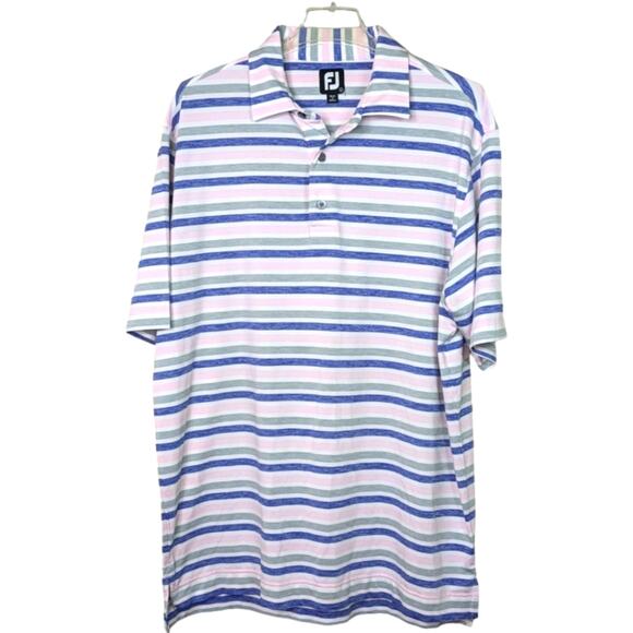Footjoy Polo Shirt Mens Large Pink Blue Striped Golf Short Sleeve Embroidered FJ - Picture 11 of 11